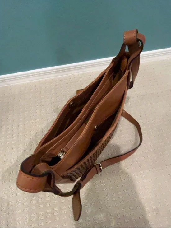 New Super Soft  Woven Leather Crossbody Bag - Tan/Brown - Picture 9 of 13